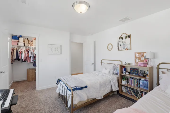 Recessed closet with built-in shelving, soft carpet flooring, white painted walls, and a semi-flush mount ceiling light fixture