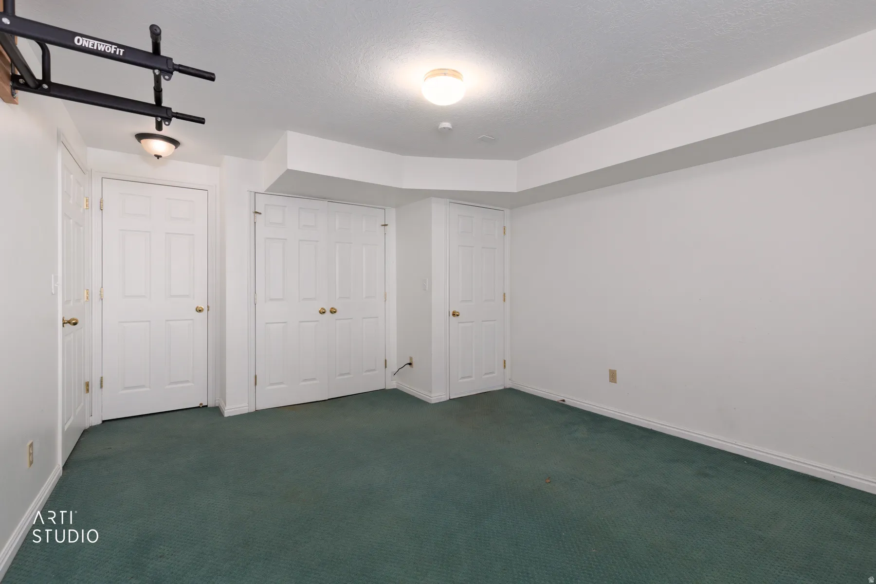 Recessed ceiling, neutral wall paint, two paneled doors, bi-fold paneled closet doors, carpeted flooring