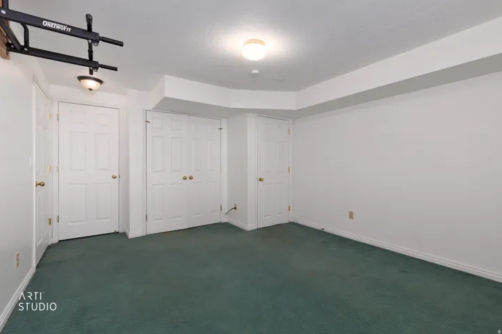 Recessed ceiling, neutral wall paint, two paneled doors, bi-fold paneled closet doors, carpeted flooring