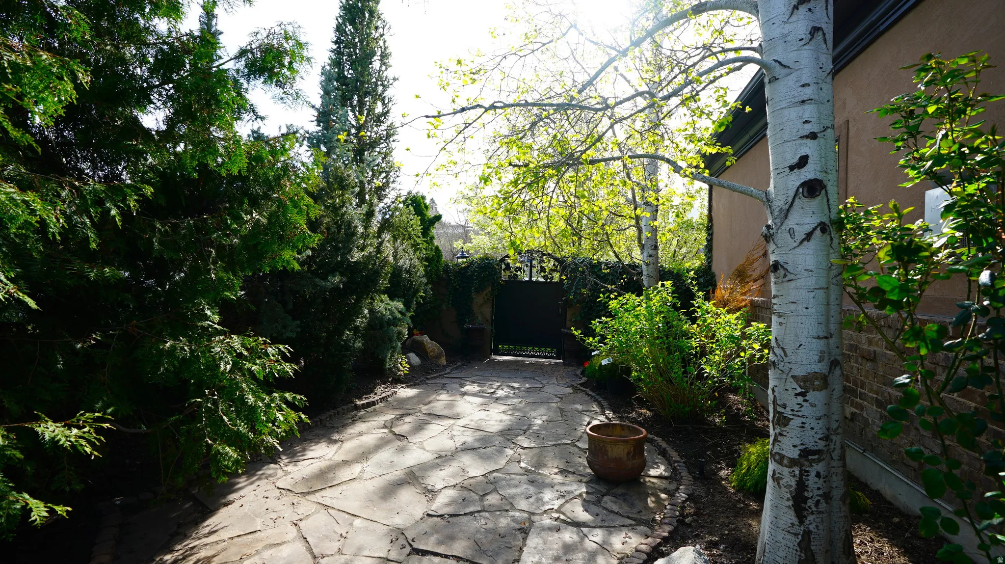 Flagstone pathway with a decorative metal gate, surrounded by mature trees, shrubs, and a stucco exterior