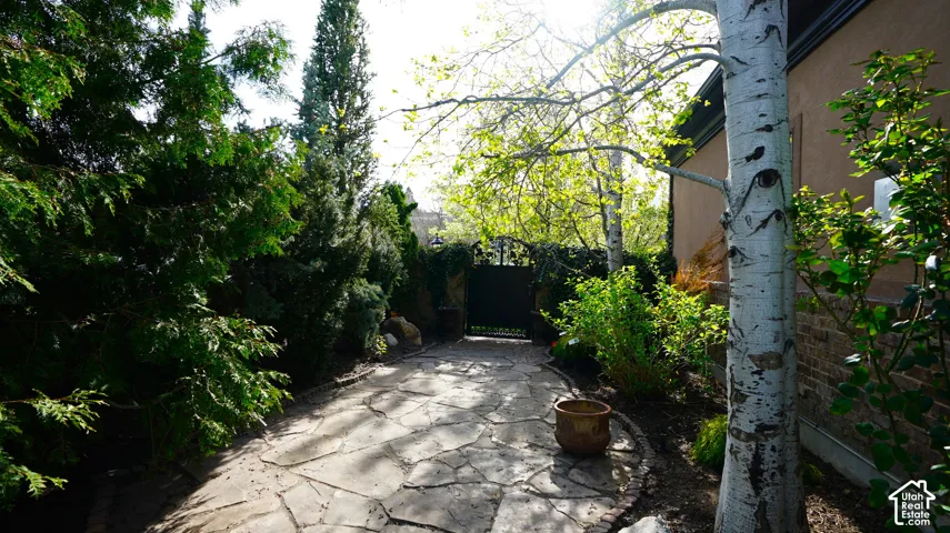 Flagstone pathway with a decorative metal gate, surrounded by mature trees, shrubs, and a stucco exterior