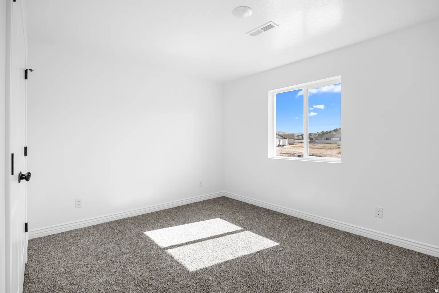 Neutral color palette with textured carpeting, white walls, and a multi-pane window