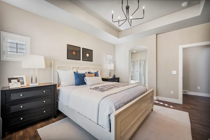 Tray ceiling with a modern chandelier, dark wood-finish flooring, and white window shutters