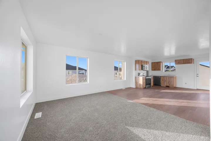 Open-concept living area with neutral carpeting and wood-finish flooring