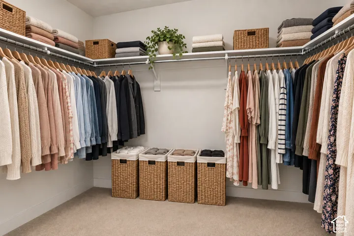 Oversize walk-in closet with carpeted flooring, white walls, and built-in white shelving