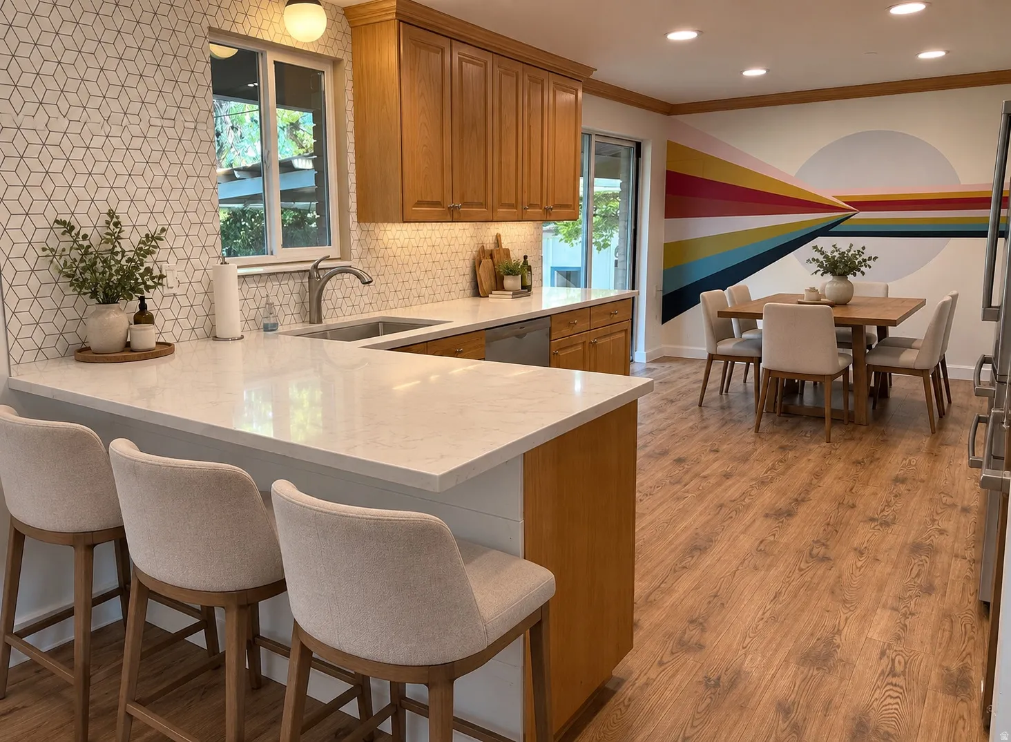 Nice-sized Kitchen (Virtually staged with a table and a few chairs to dress it up a little).  The custom paint design is actually on the wall (not part of the virtual stage).