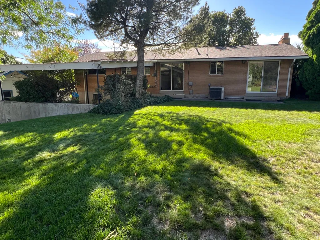 Quiet backyard, large green lawn and mature trees protected from the summer sun