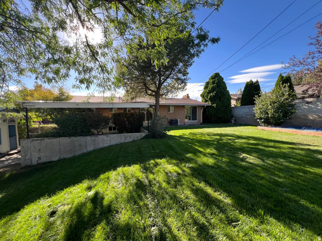 Expansive sloped lawn with mature trees and established landscaping out back