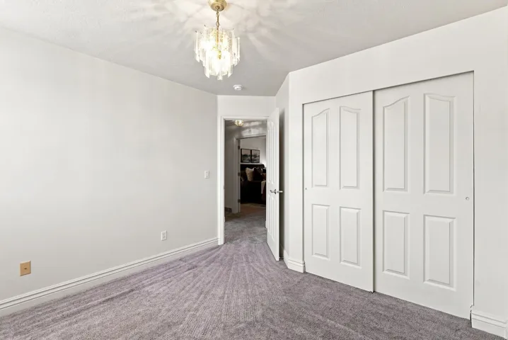 Textured gray carpet flooring, white walls, decorative ceiling light fixture, white sliding closet doors with paneling, and white trim