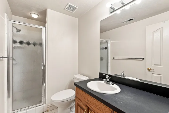 Walk-in shower with clear and textured glass enclosure, vanity with an integrated sink and dark countertop, wood-finish cabinetry, and a framed mirror with overhead lighting