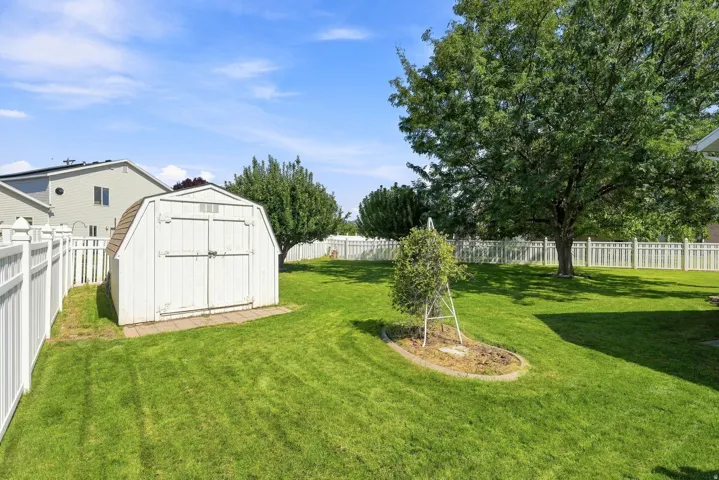 Expansive green lawn with a white storage shed and mature trees, enclosed by a white privacy fence