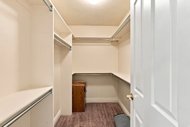 Walk-in closet featuring built-in shelving, chrome hanging rods, and a paneled door with a brass-toned knob