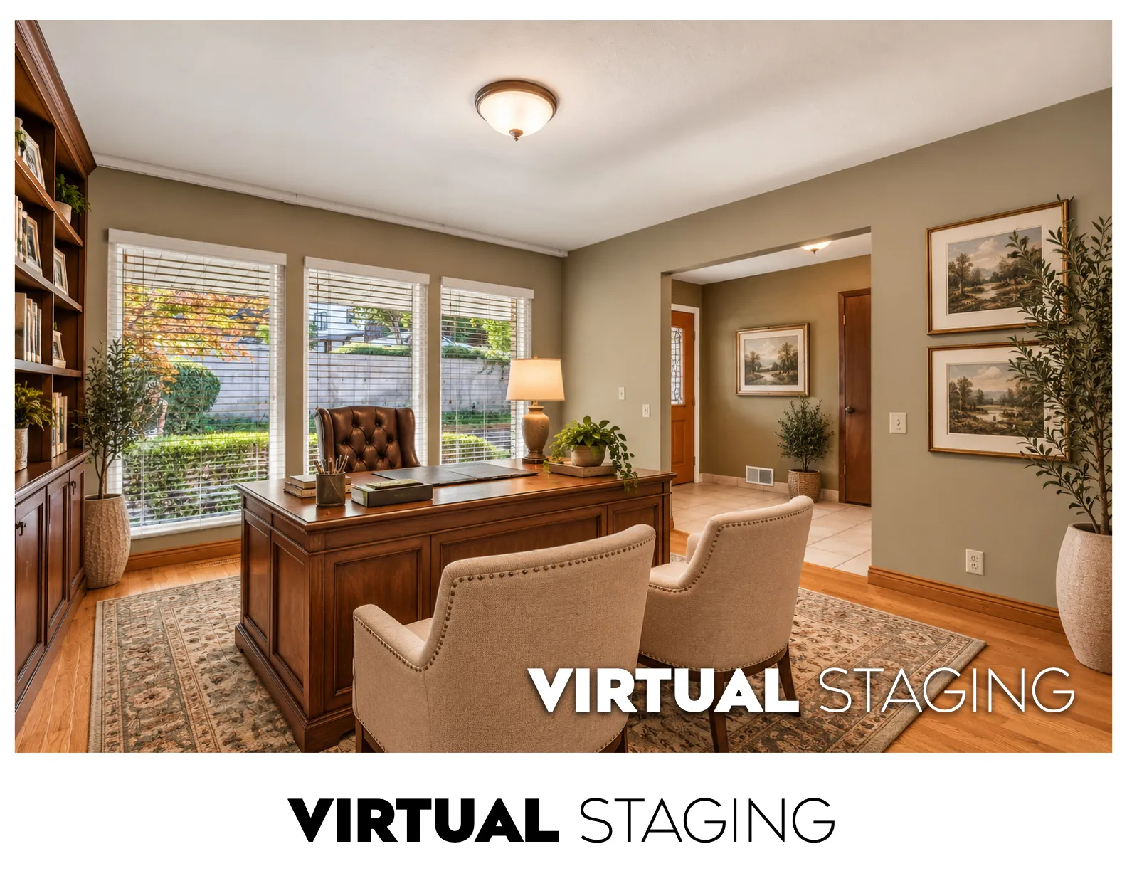 Built-in wood cabinetry, hardwood flooring, three large windows with horizontal blinds, and a neutral wall color