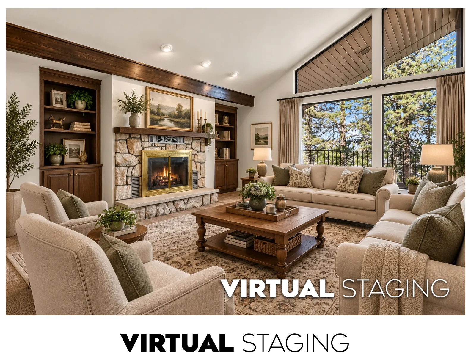 Vaulted ceiling, stone-surround fireplace with brass doors, built-in cabinetry, exposed wood beams, and a large window wall