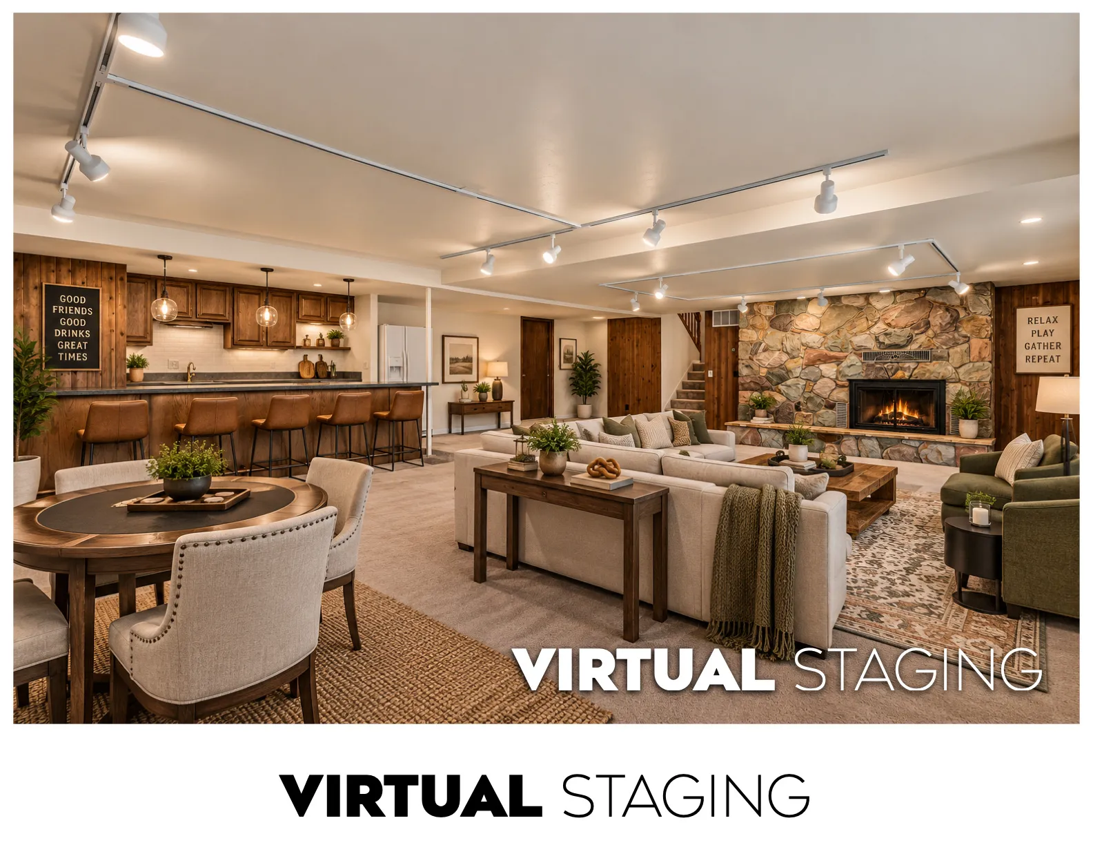 Spacious lower level featuring a stone-clad fireplace, full bar with wood cabinetry, integrated lighting, and a carpeted floor