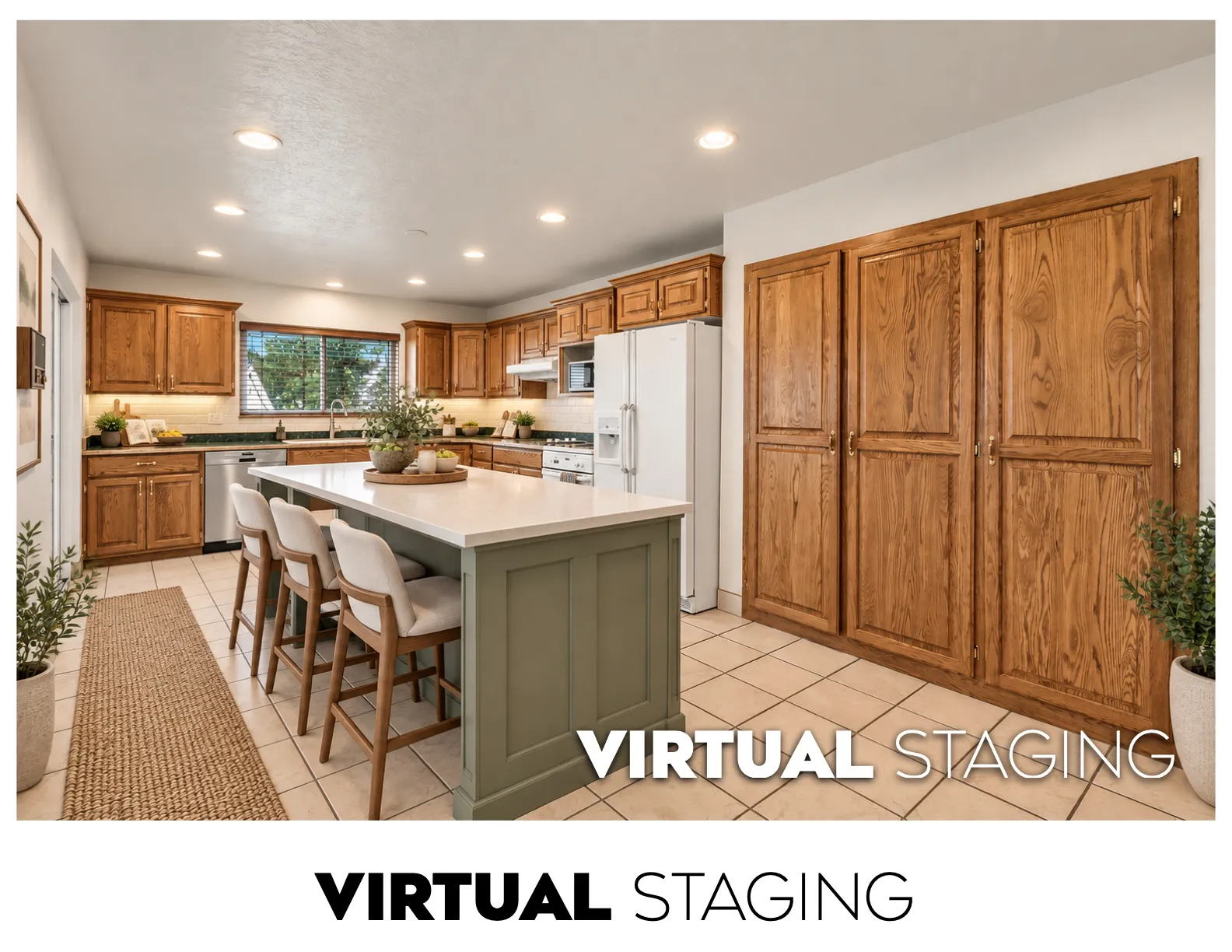 Kitchen featuring a central island with countertop seating, wood cabinetry, tile flooring, and recessed lighting