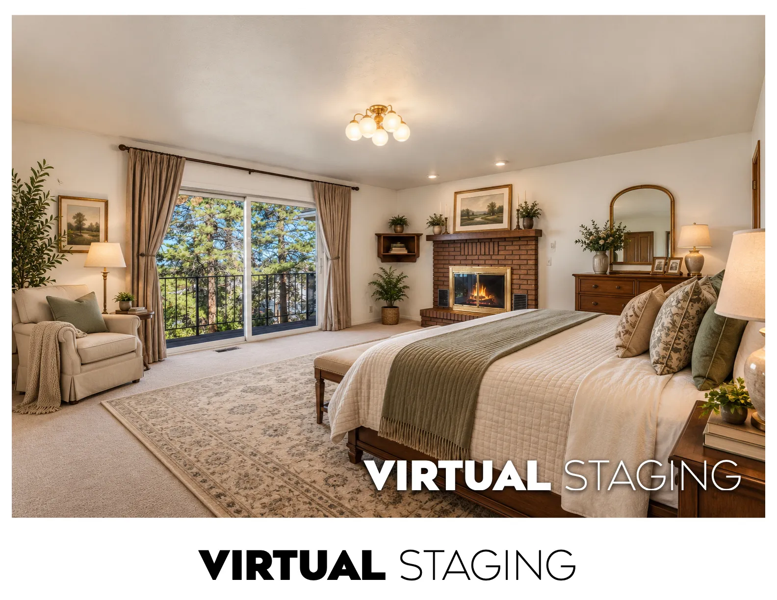 Spacious room featuring a brick-surround fireplace, sliding glass door to a balcony, and recessed lighting