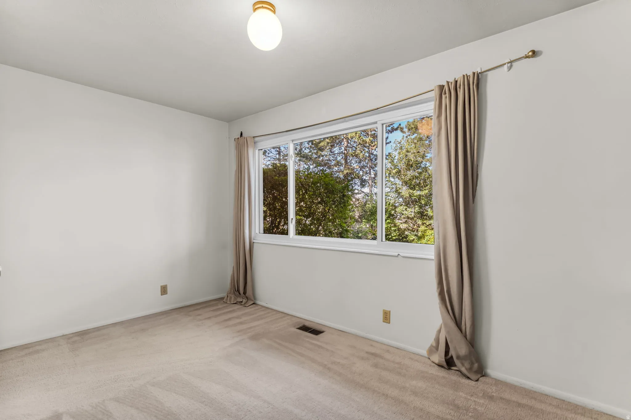 Neutral wall tones with a window offering ample natural light, a ceiling-mounted light fixture, and carpeted flooring