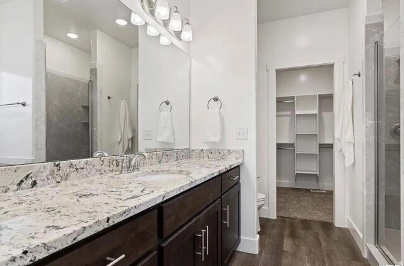 Vanity featuring a stone countertop, dual sinks, and dark wood-finish cabinetry