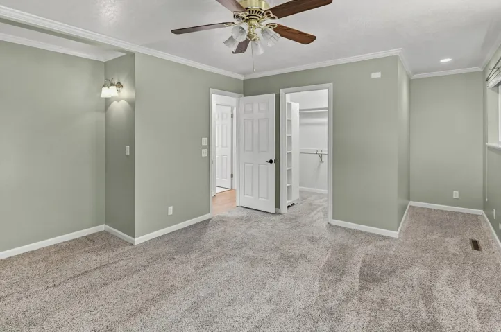 Plush carpeting, crown molding, wall-mounted light fixture, ceiling fan, and an open closet with built-in shelving