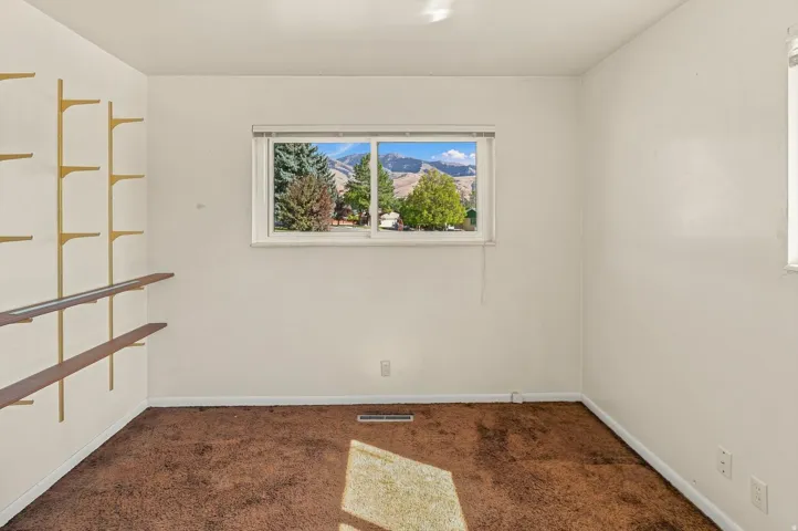 Built-in shelving with wood-finish shelves, neutral wall paint, and a window with mountain and tree scenery