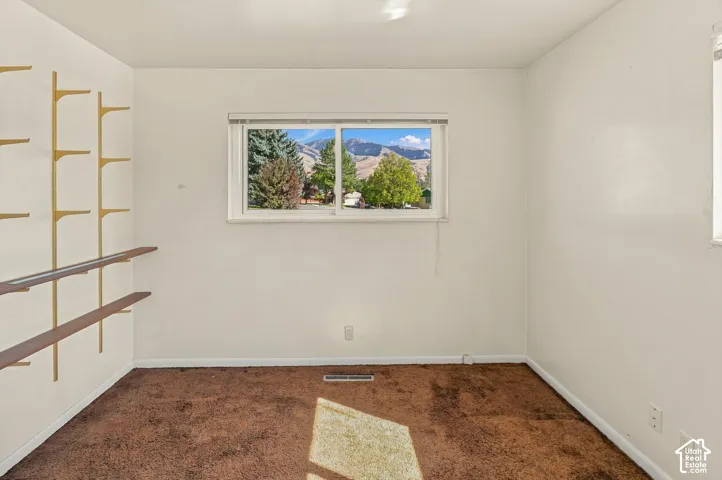 Built-in shelving with wood-finish shelves, neutral wall paint, and a window with mountain and tree scenery