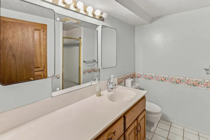Vanity with integrated sink, wood-finish cabinetry, countertop, and wall-mounted light fixture