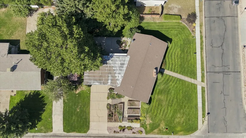 Expansive lawn with mature trees, paved driveway, and established landscaping beds