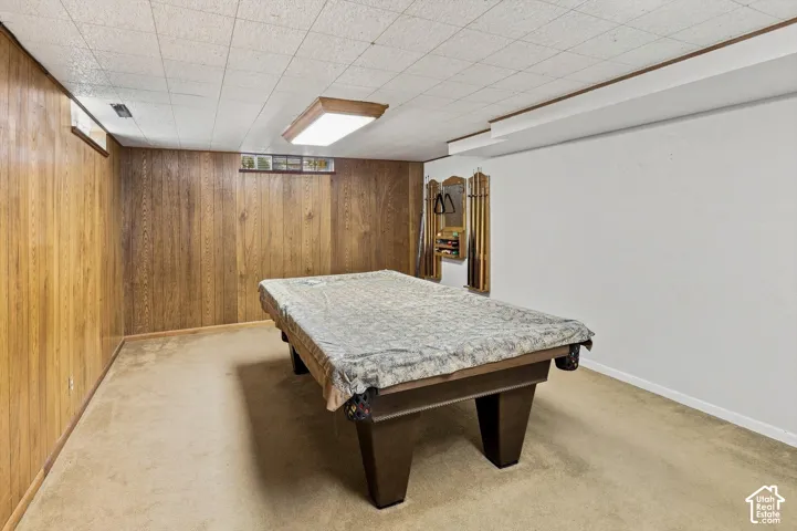Wood-paneled wall, textured ceiling, carpeted flooring, and recessed lighting