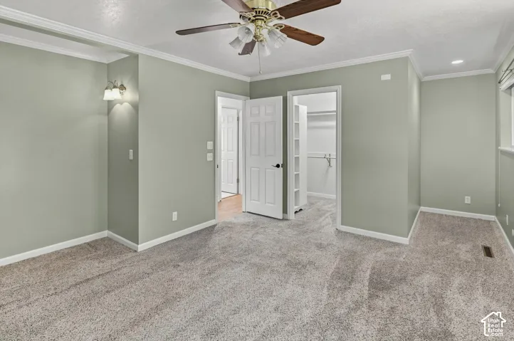 Plush carpeting, crown molding, wall-mounted light fixture, ceiling fan, and an open closet with built-in shelving
