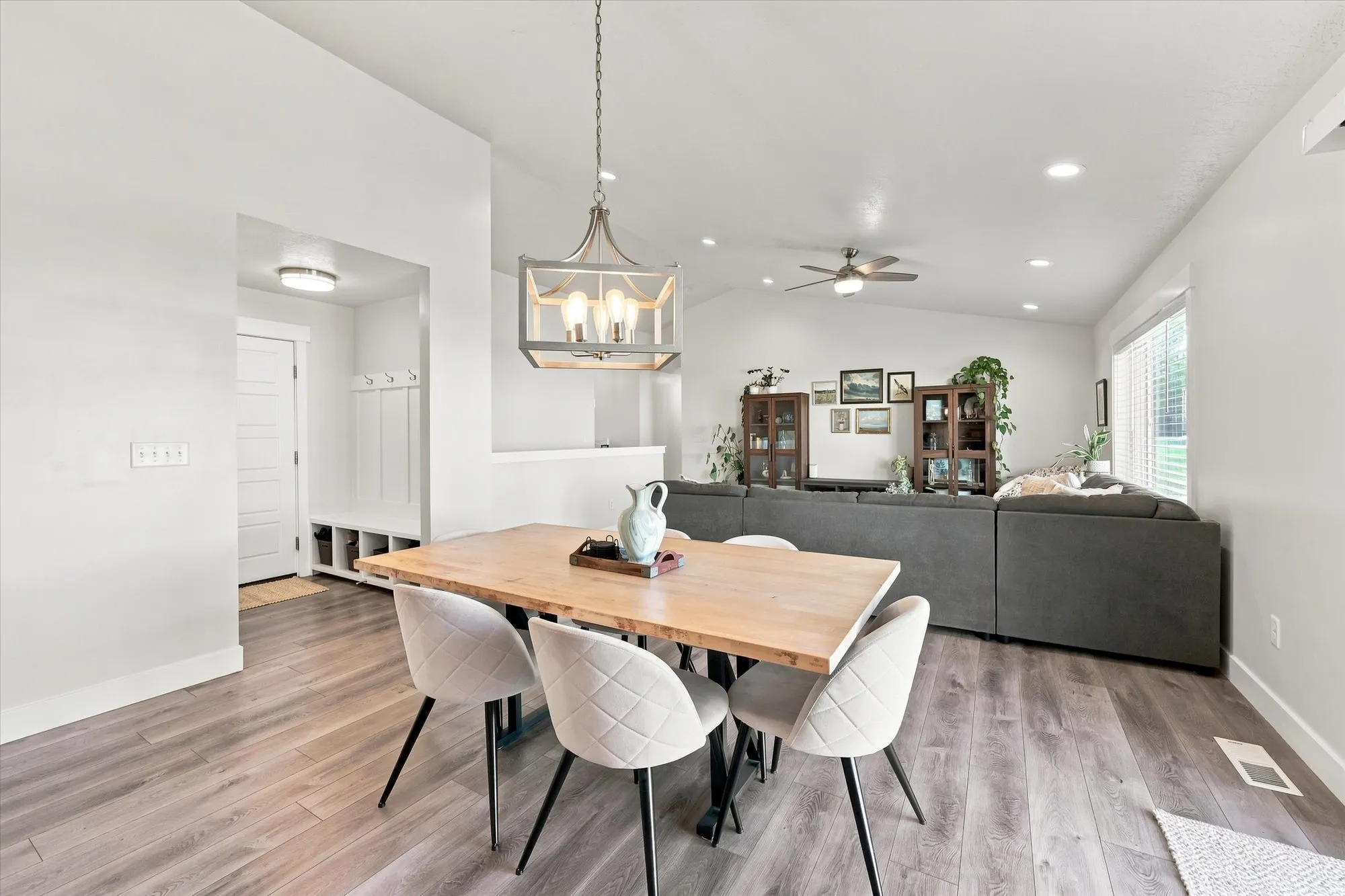 Wood-finish flooring throughout the space