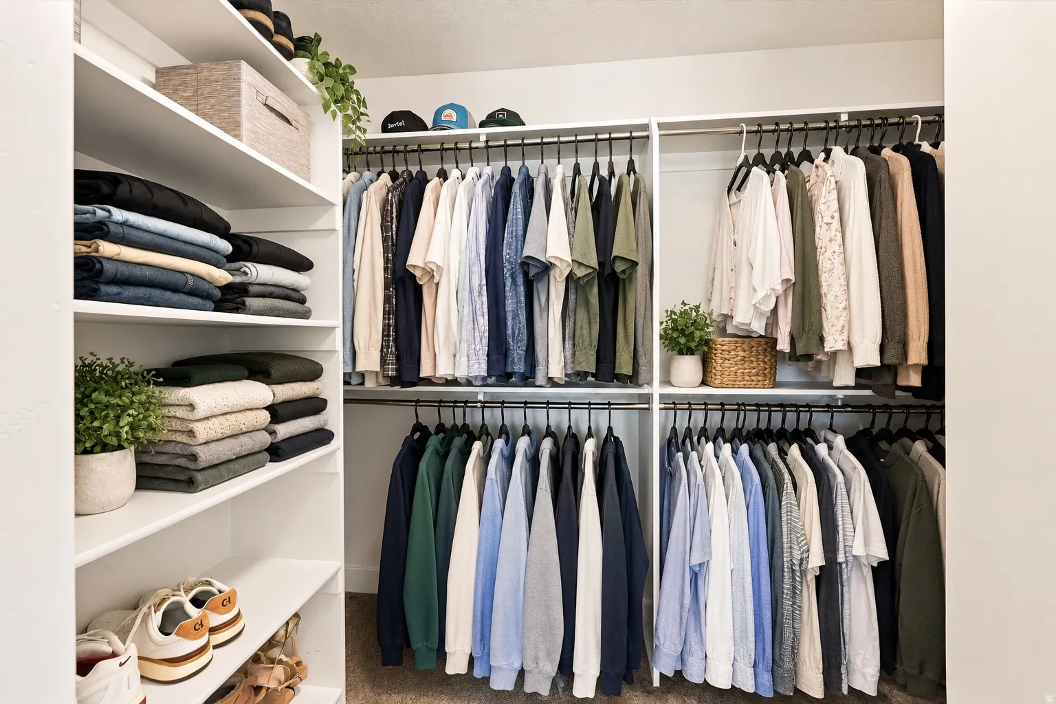 Built-in closet system featuring white shelving, multiple hanging rods, and integrated storage