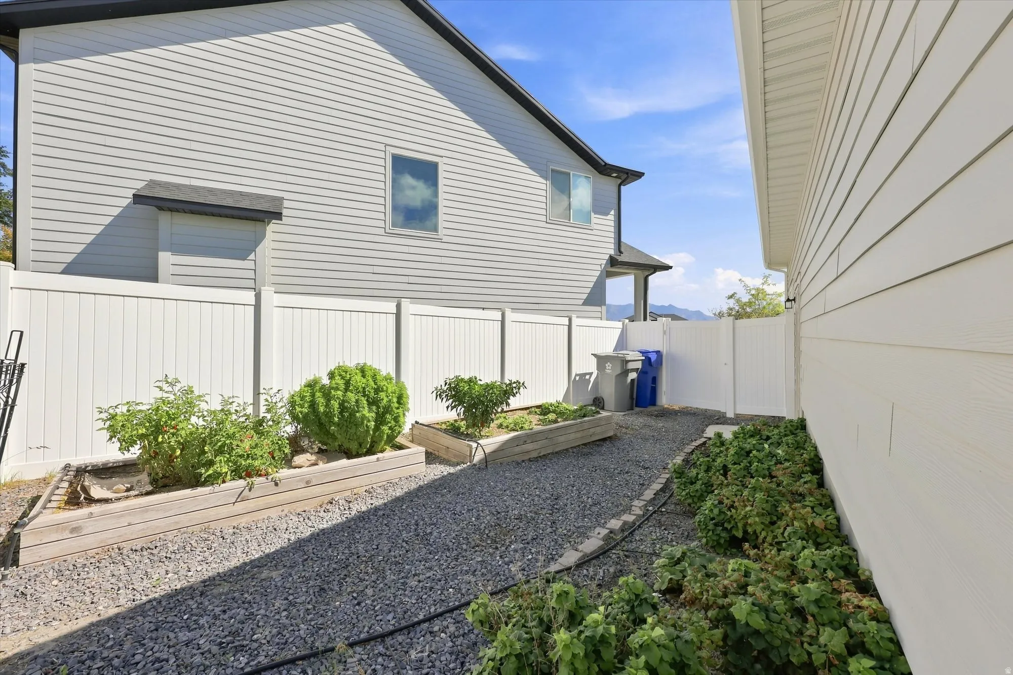 White privacy fencing, raised garden beds, gravel path, light-colored siding, and a rear structure with dark roofing