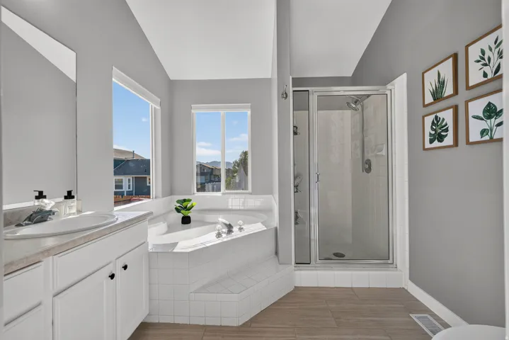 Built-in corner bathtub, glass-enclosed shower, single vanity with integrated sink, and wood-finish flooring