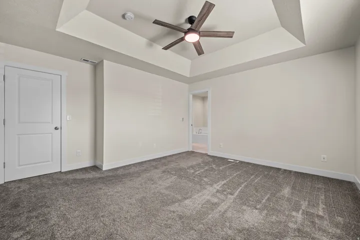Tray ceiling with a ceiling fan, light-toned walls, and carpet flooring