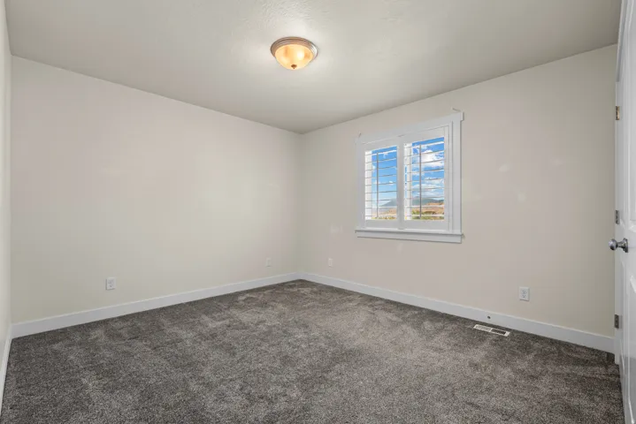 Neutral wall paint, plush carpeting, a single window with plantation shutters, and a flush-mount ceiling light fixture