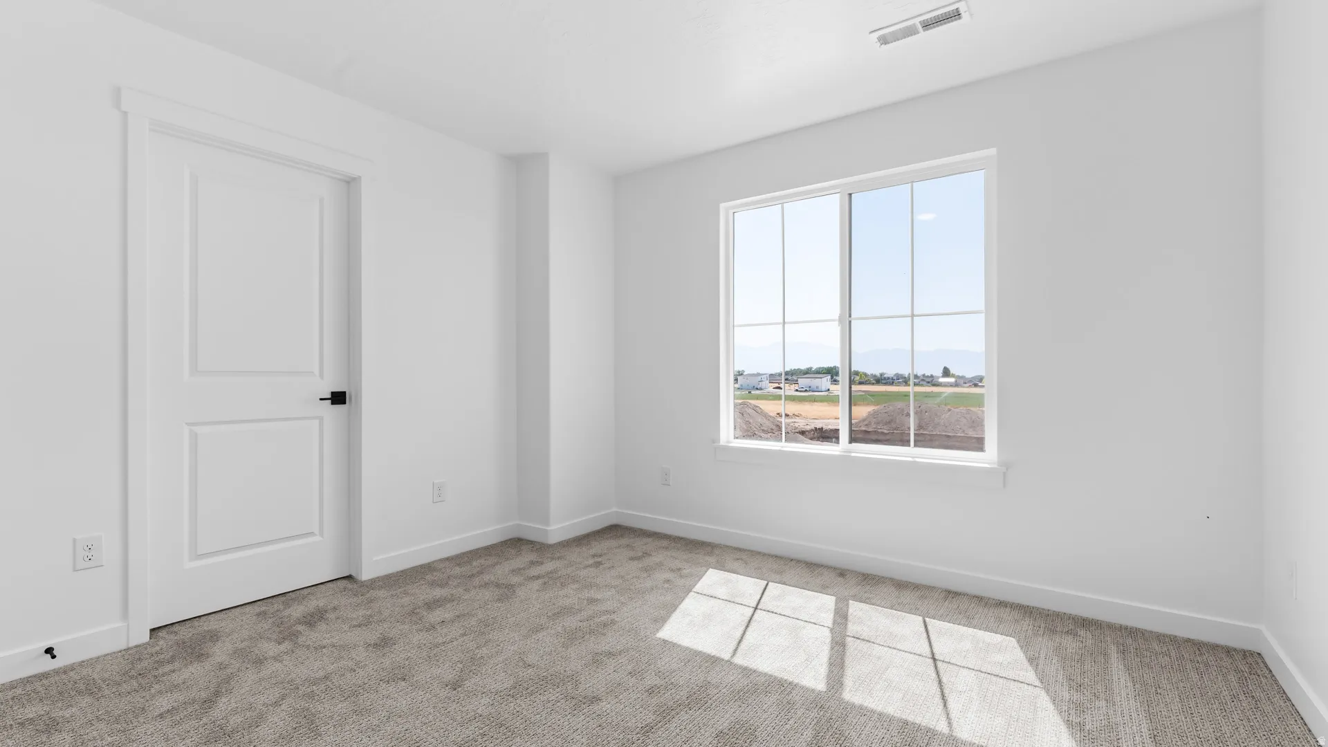 White painted walls, gray carpet, white trim, white two-panel interior door with matte black hardware, and a large multi-pane window
