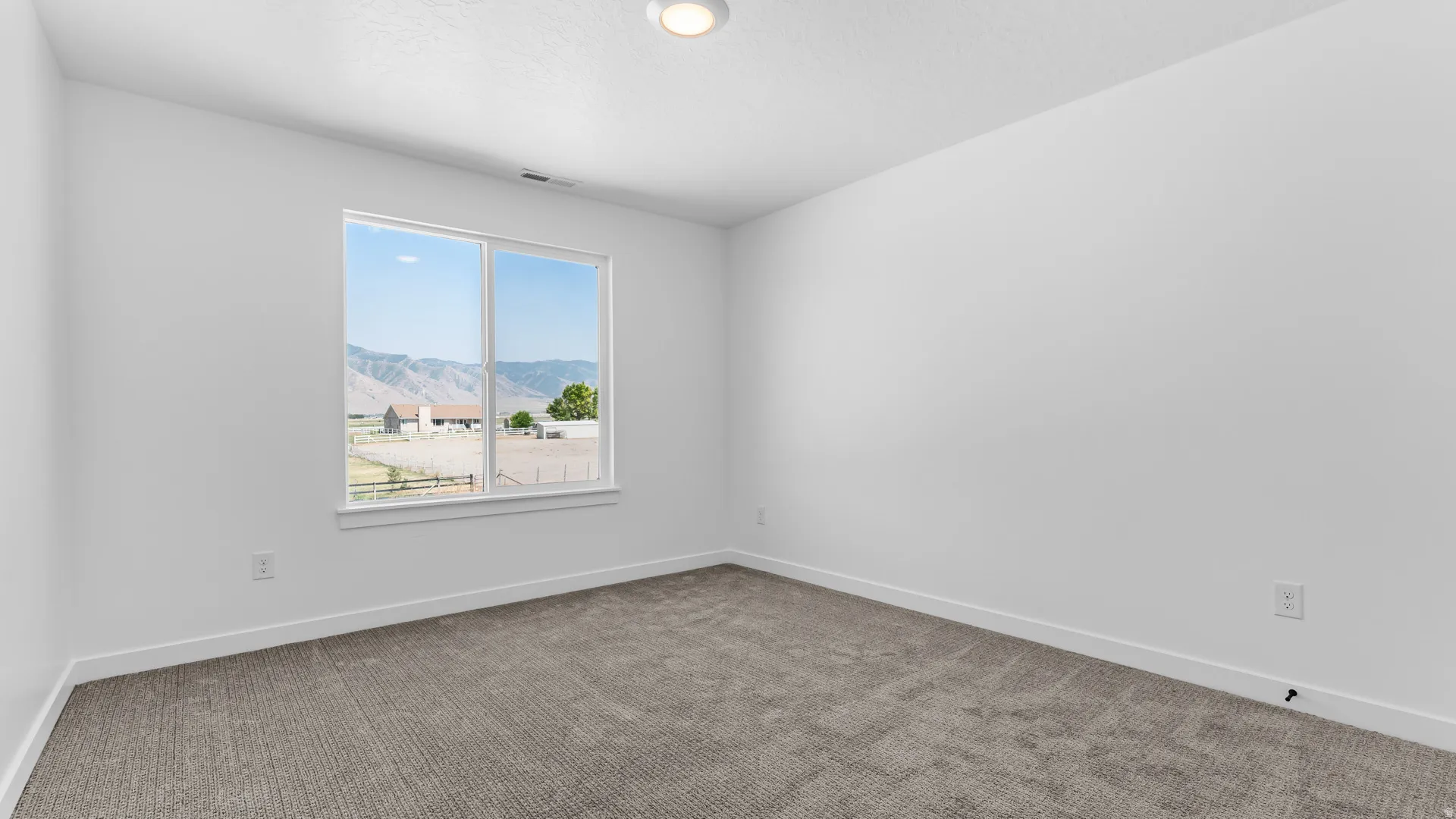 Expansive window with mountain backdrop, neutral carpeting, and a flush-mount ceiling light fixture