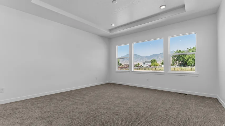 Recessed lighting, tray ceiling, wall-to-wall carpeting, and three expansive windows showcasing mountain scenery