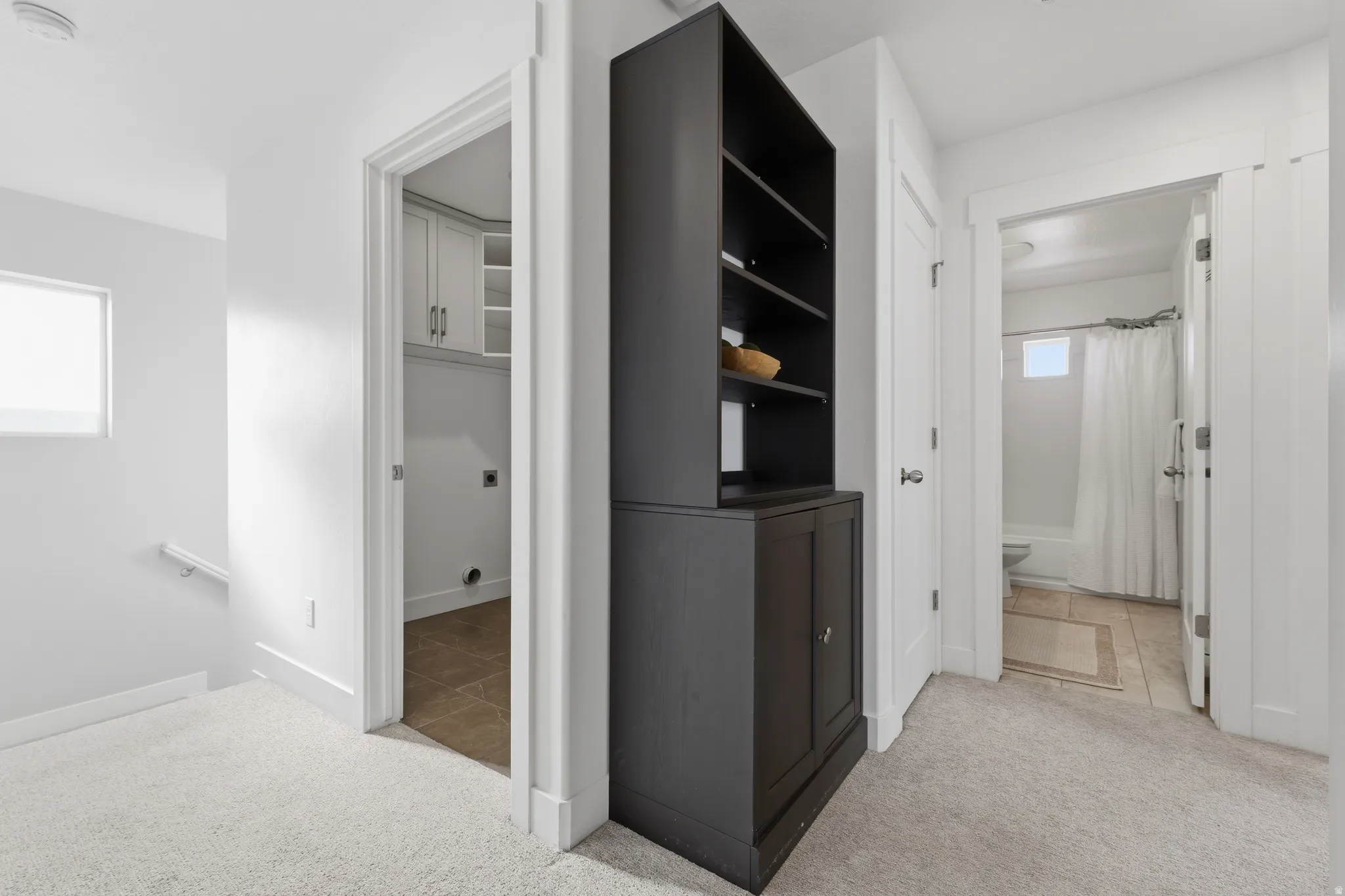 Neutral tone carpeting, white walls, built-in shelving with cabinet storage, and white interior doors