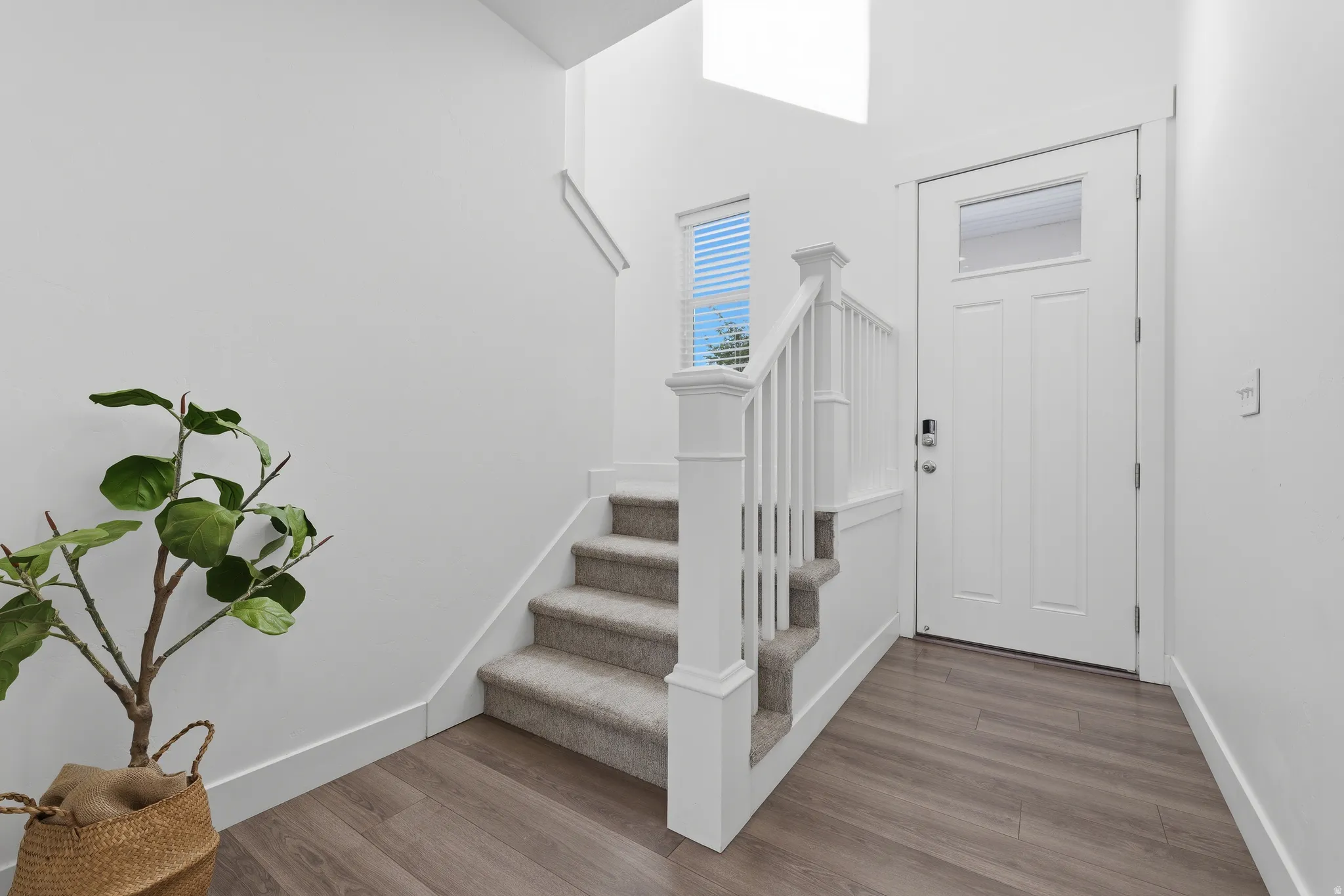 Entryway featuring wood-finish flooring, a white paneled door with a glass insert, and a staircase with white balusters and carpeted treads