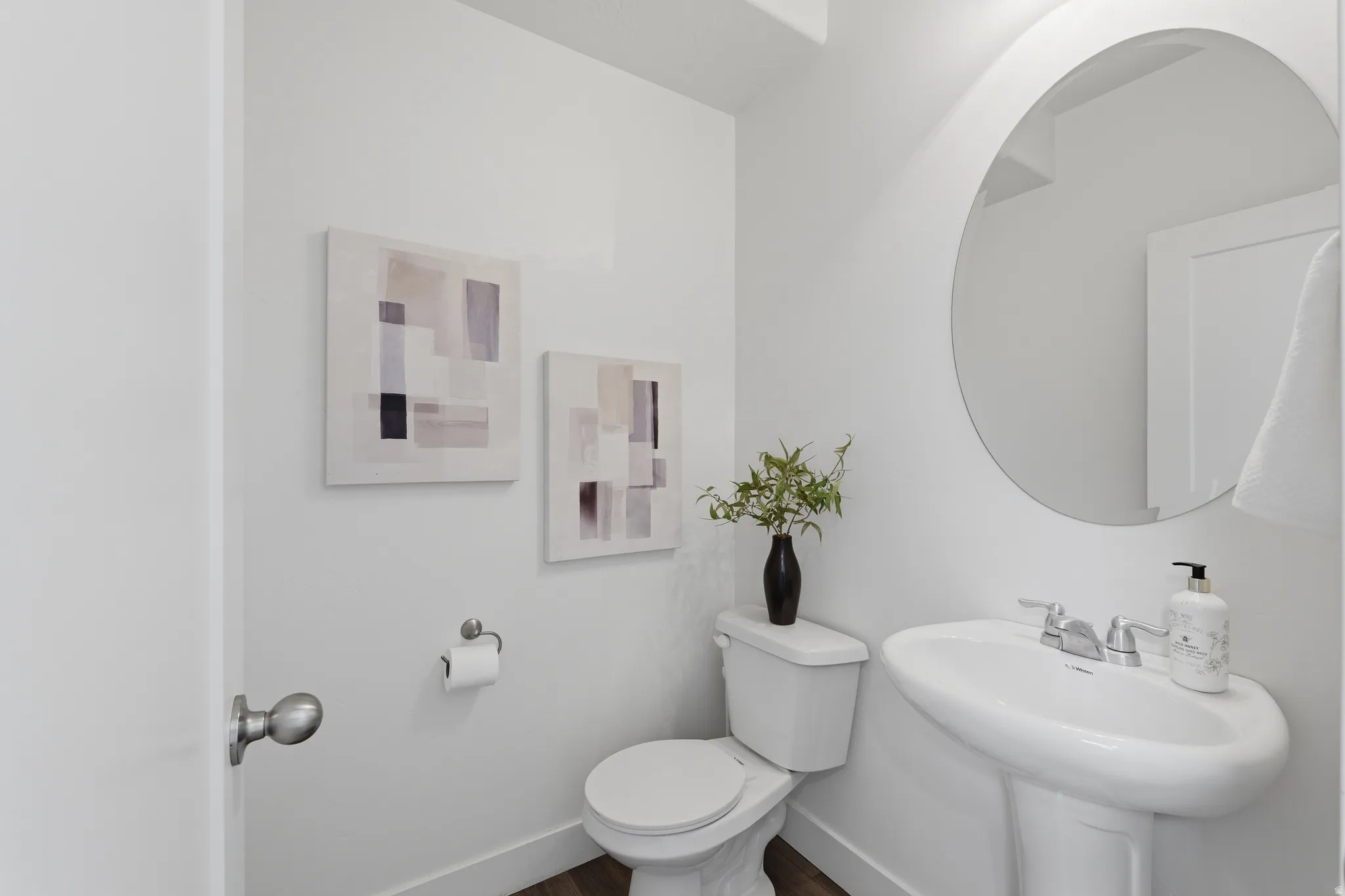 Pedestal sink with chrome fixtures, round wall mirror, and wood-finish flooring