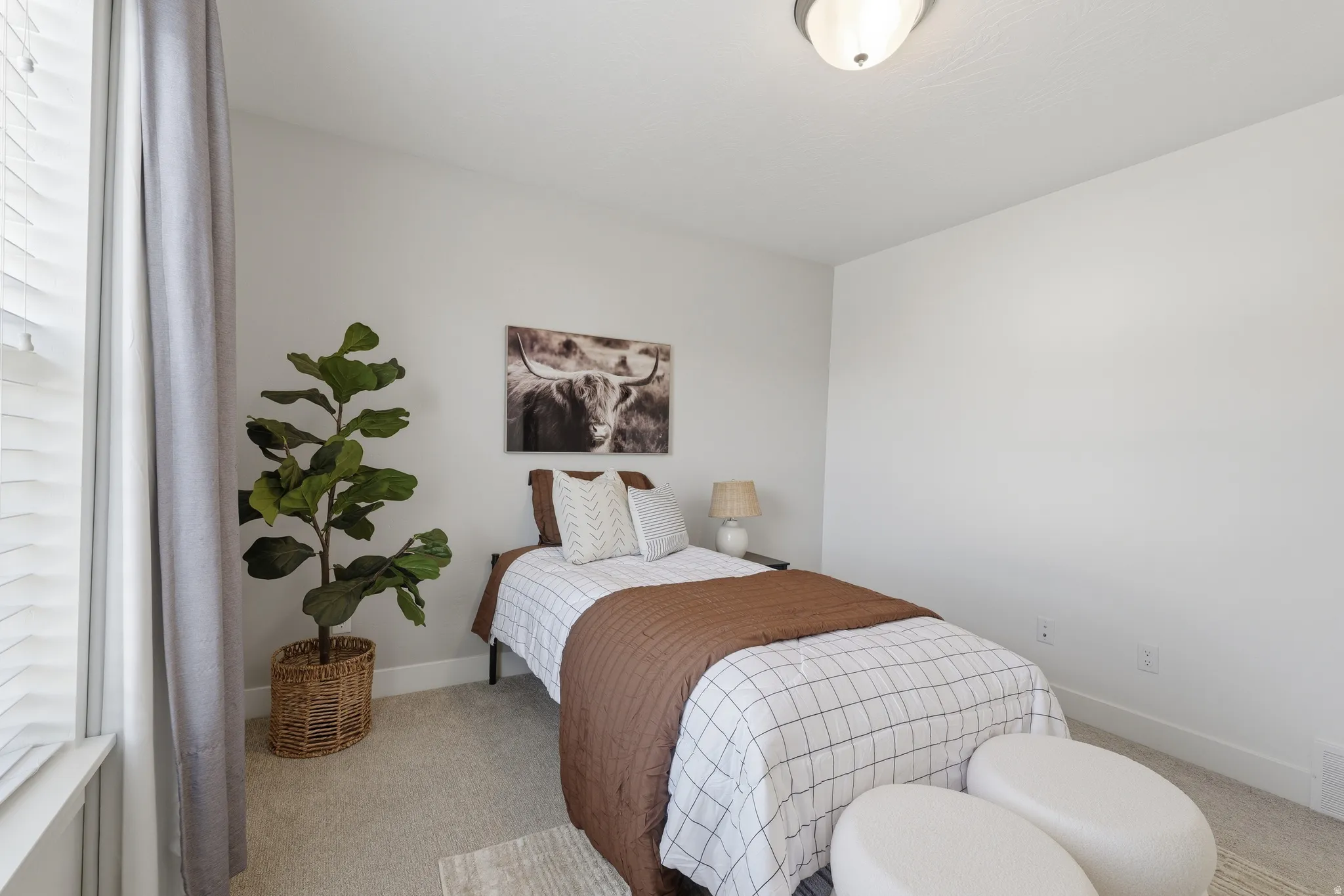 Wall-to-wall carpeting with light-toned walls and window blinds