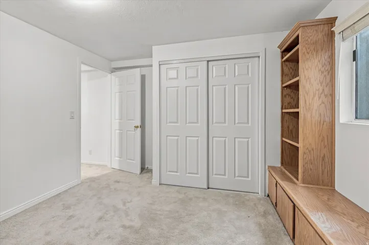 Built-in wood-finish shelving and cabinetry with a window, white paneled doors, and carpeted flooring