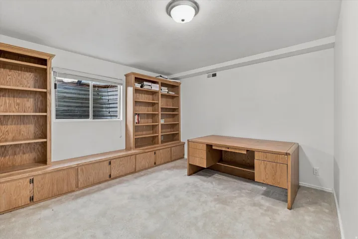 Built-in wood cabinetry with shelving and drawers, carpeted flooring, and a flush mount ceiling light