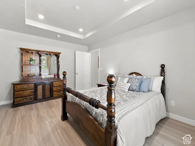 Tray ceiling with recessed lighting, light-toned wood-finish flooring, and white interior doors