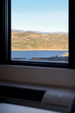 Framed water scenery with distant hills