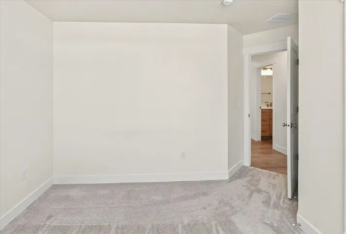Plush gray carpeting, white painted walls, white trim, and a doorway with wood-finish flooring