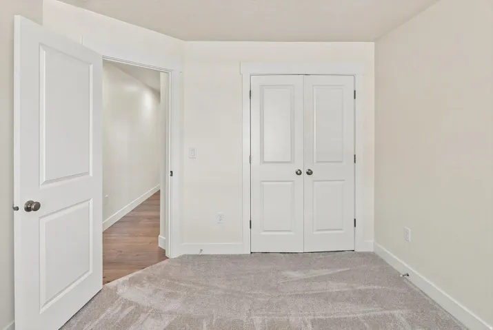 Plush carpeting, white trim, and a white paneled door