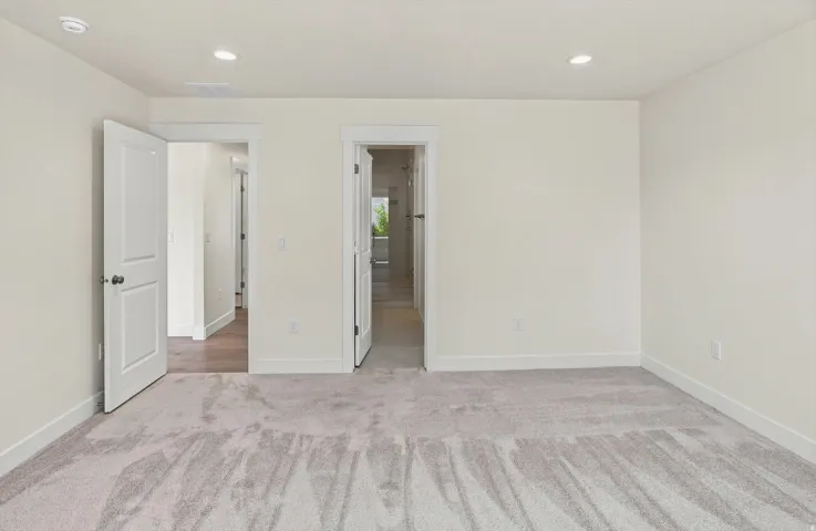 Plush carpet flooring and neutral wall tones